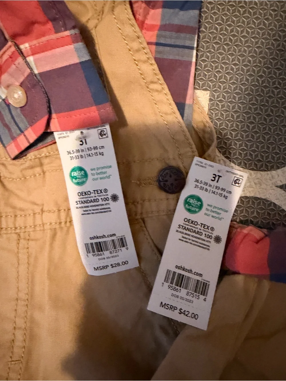 OshKosh B'gosh Tan Overalls with Red & Blue Plaid Shirt